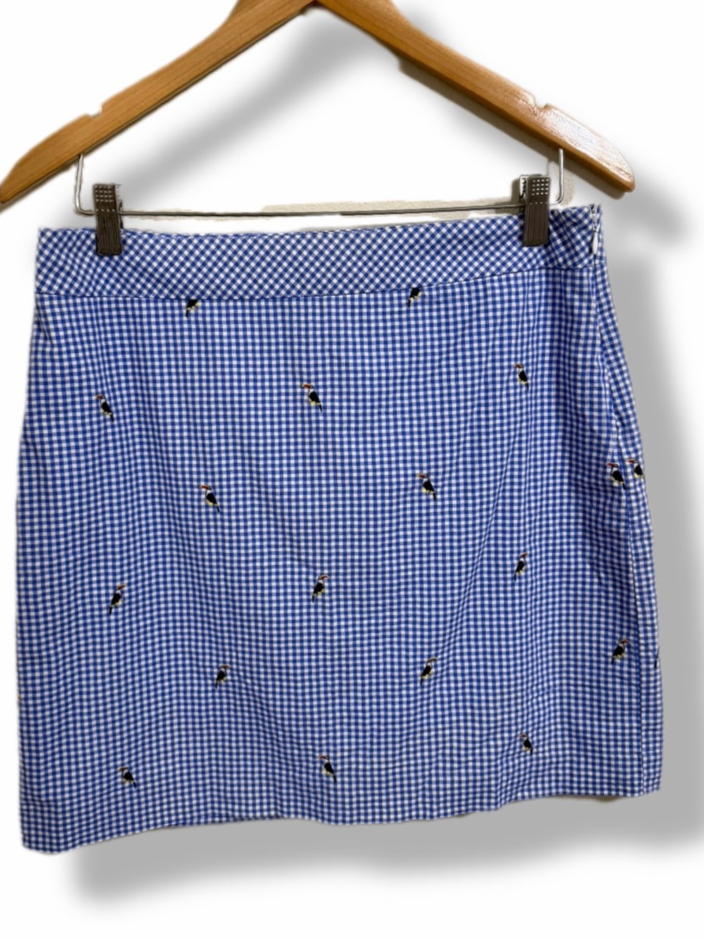 Talbots Petite Blue & White Gingham Toucan/Parrot Embroidered Skirt